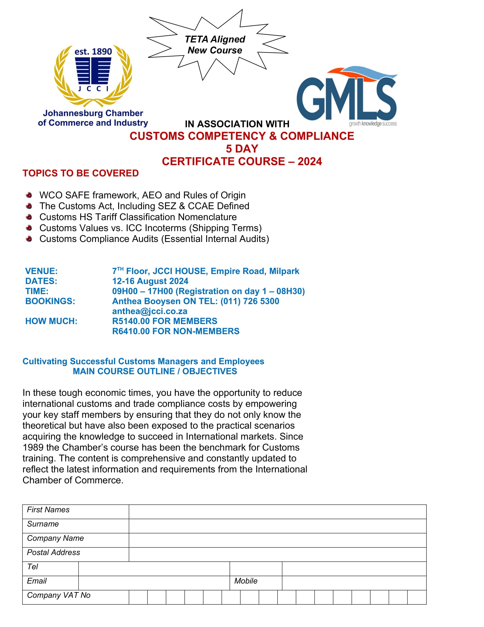 CUSTOMS COMPETENCY & COMPLIANCE 5 DAY CERTIFICATE COURSE – 12 - 16 AUGUST 2024