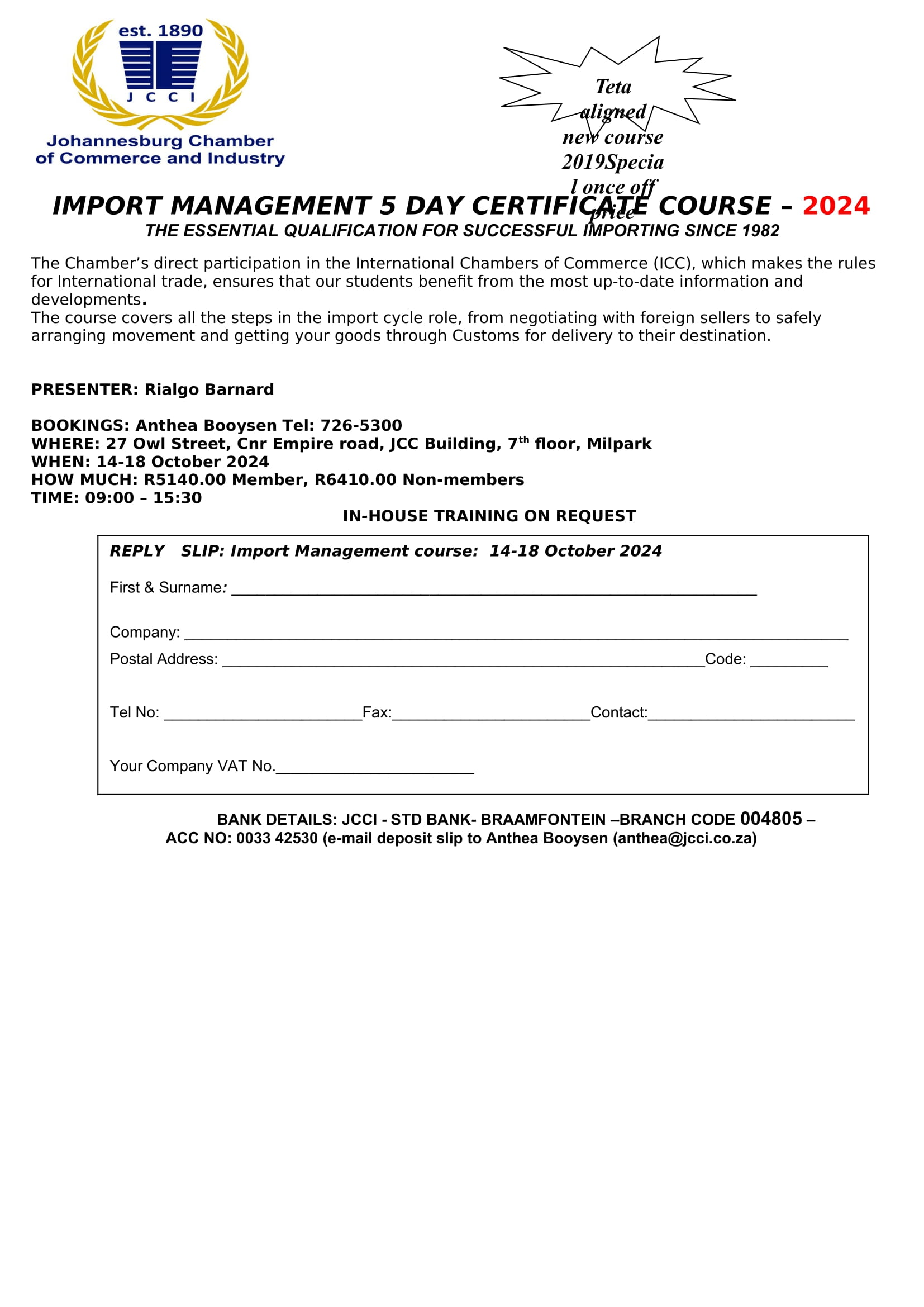 IMPORT MANAGEMENT 5 DAY CERTIFICATE COURSE – 14 - 18 OCTOBER2024